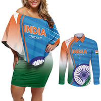 Custom India Cricket Couples Matching Off Shoulder Short Dress and Long Sleeve Button Shirt Men in Blue Champions 2025
