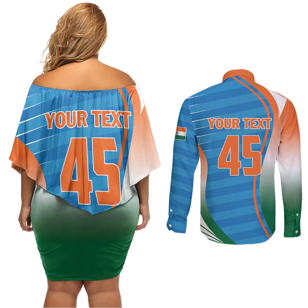 Custom India Cricket Couples Matching Off Shoulder Short Dress and Long Sleeve Button Shirt Men in Blue Champions 2025