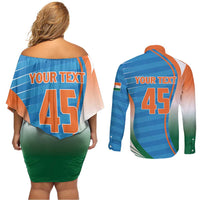 Custom India Cricket Couples Matching Off Shoulder Short Dress and Long Sleeve Button Shirt Men in Blue Champions 2025
