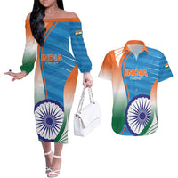 Custom India Cricket Couples Matching Off The Shoulder Long Sleeve Dress and Hawaiian Shirt Men in Blue Champions 2025