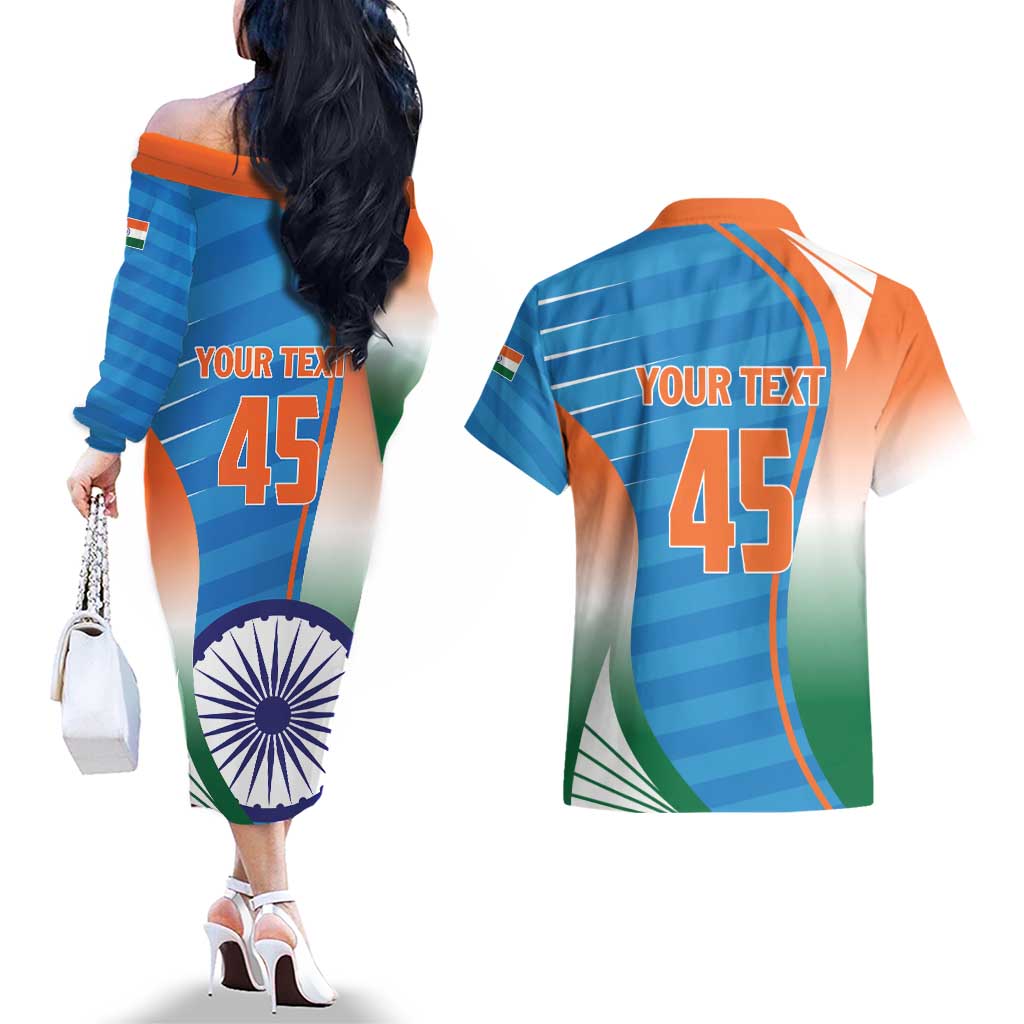 Custom India Cricket Couples Matching Off The Shoulder Long Sleeve Dress and Hawaiian Shirt Men in Blue Champions 2025