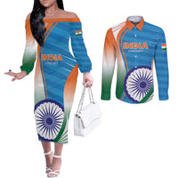 Custom India Cricket Couples Matching Off The Shoulder Long Sleeve Dress and Long Sleeve Button Shirt Men in Blue Champions 2025