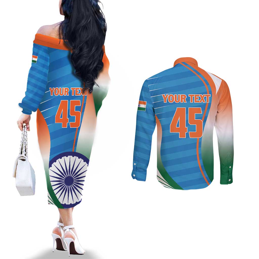 Custom India Cricket Couples Matching Off The Shoulder Long Sleeve Dress and Long Sleeve Button Shirt Men in Blue Champions 2025
