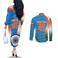 Custom India Cricket Couples Matching Off The Shoulder Long Sleeve Dress and Long Sleeve Button Shirt Men in Blue Champions 2025