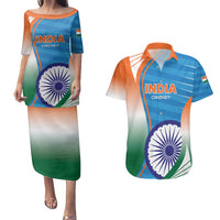 Custom India Cricket Couples Matching Puletasi and Hawaiian Shirt Men in Blue Champions 2025