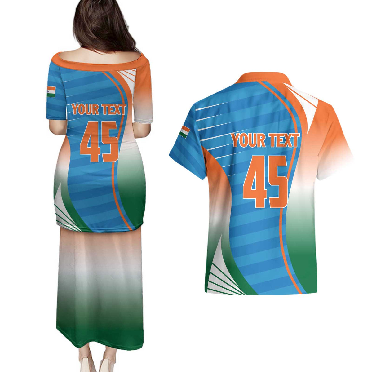 Custom India Cricket Couples Matching Puletasi and Hawaiian Shirt Men in Blue Champions 2025