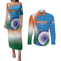 Custom India Cricket Couples Matching Puletasi and Long Sleeve Button Shirt Men in Blue Champions 2025