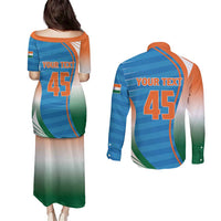 Custom India Cricket Couples Matching Puletasi and Long Sleeve Button Shirt Men in Blue Champions 2025