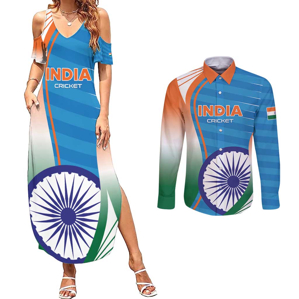 Custom India Cricket Couples Matching Summer Maxi Dress and Long Sleeve Button Shirt Men in Blue Champions 2025