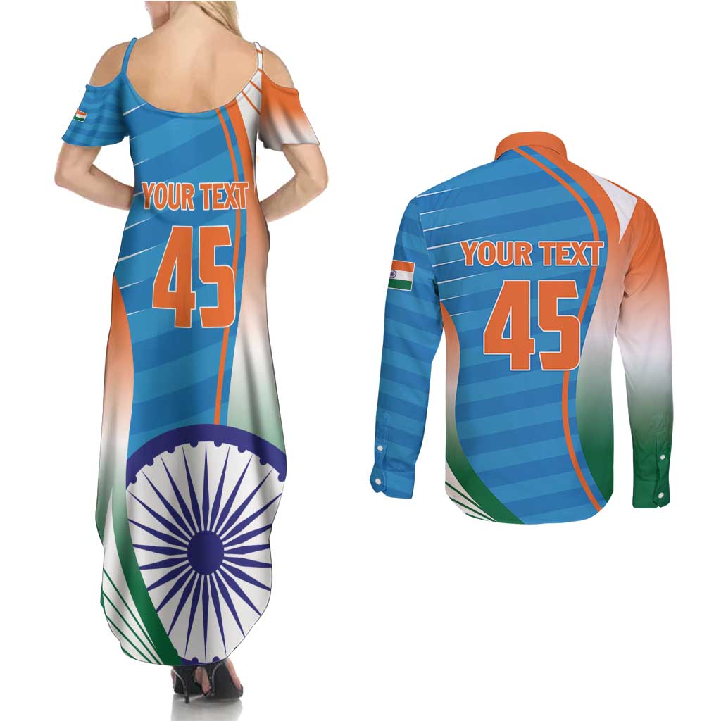 Custom India Cricket Couples Matching Summer Maxi Dress and Long Sleeve Button Shirt Men in Blue Champions 2025
