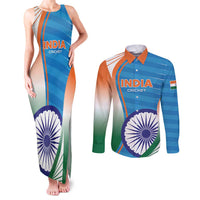 Custom India Cricket Couples Matching Tank Maxi Dress and Long Sleeve Button Shirt Men in Blue Champions 2025