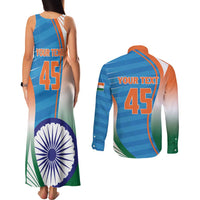 Custom India Cricket Couples Matching Tank Maxi Dress and Long Sleeve Button Shirt Men in Blue Champions 2025