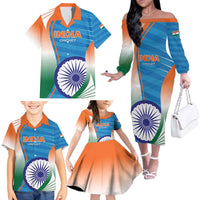 Custom India Cricket Family Matching Off The Shoulder Long Sleeve Dress and Hawaiian Shirt Men in Blue Champions 2025