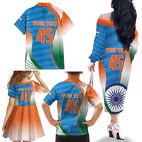 Custom India Cricket Family Matching Off The Shoulder Long Sleeve Dress and Hawaiian Shirt Men in Blue Champions 2025