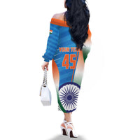 Custom India Cricket Family Matching Off The Shoulder Long Sleeve Dress and Hawaiian Shirt Men in Blue Champions 2025