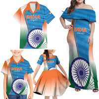 Custom India Cricket Family Matching Off Shoulder Maxi Dress and Hawaiian Shirt Men in Blue Champions 2025