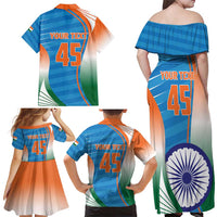 Custom India Cricket Family Matching Off Shoulder Maxi Dress and Hawaiian Shirt Men in Blue Champions 2025