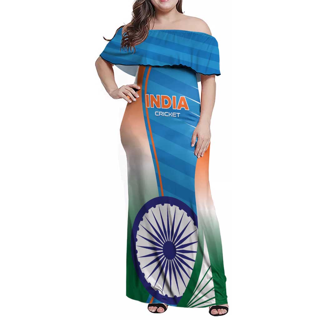 Custom India Cricket Family Matching Off Shoulder Maxi Dress and Hawaiian Shirt Men in Blue Champions 2025