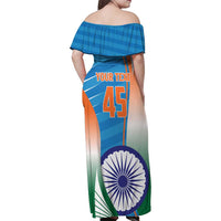 Custom India Cricket Family Matching Off Shoulder Maxi Dress and Hawaiian Shirt Men in Blue Champions 2025