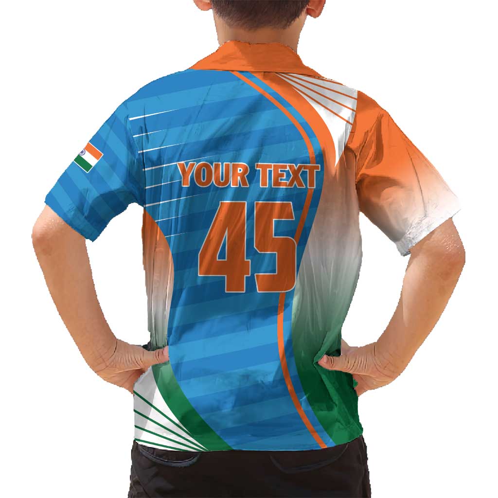 Custom India Cricket Family Matching Off Shoulder Short Dress and Hawaiian Shirt Men in Blue Champions 2025