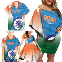 Custom India Cricket Family Matching Off Shoulder Short Dress and Hawaiian Shirt Men in Blue Champions 2025