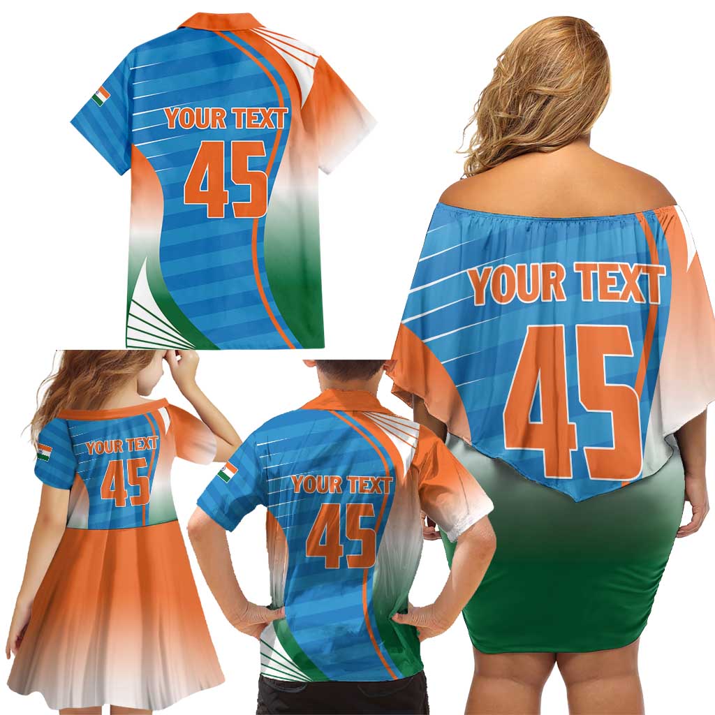 Custom India Cricket Family Matching Off Shoulder Short Dress and Hawaiian Shirt Men in Blue Champions 2025
