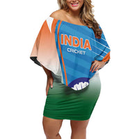 Custom India Cricket Family Matching Off Shoulder Short Dress and Hawaiian Shirt Men in Blue Champions 2025