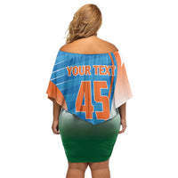 Custom India Cricket Family Matching Off Shoulder Short Dress and Hawaiian Shirt Men in Blue Champions 2025