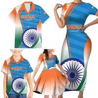 Custom India Cricket Family Matching Short Sleeve Bodycon Dress and Hawaiian Shirt Men in Blue Champions 2025