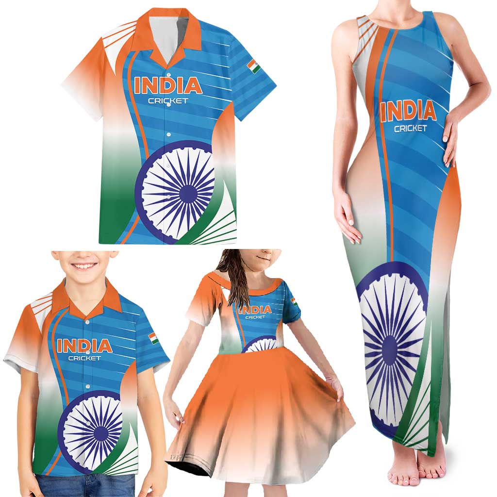 Custom India Cricket Family Matching Tank Maxi Dress and Hawaiian Shirt Men in Blue Champions 2025