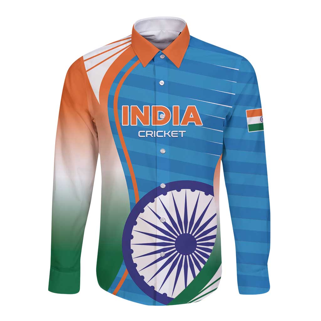 Custom India Cricket Long Sleeve Button Shirt Men in Blue Champions 2025