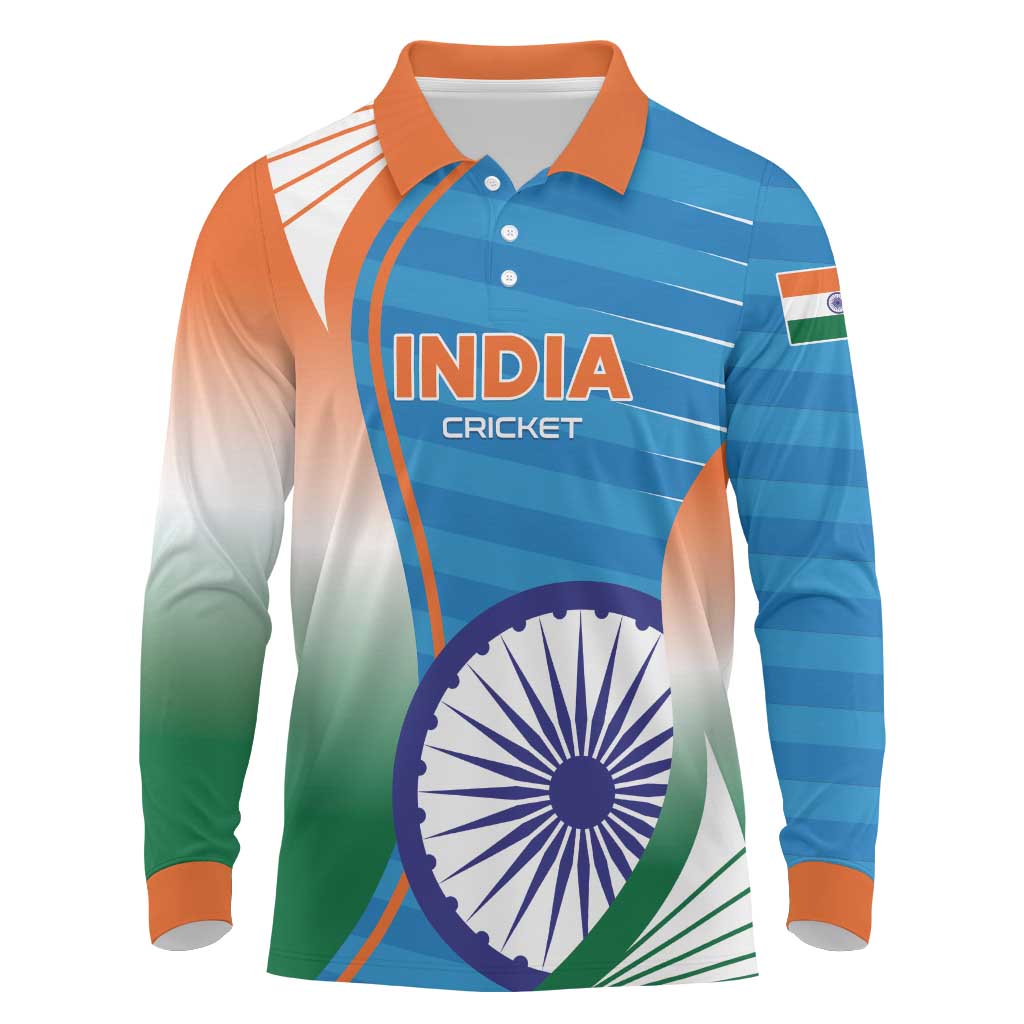 Custom India Cricket Long Sleeve Polo Shirt Men in Blue Champions 2025