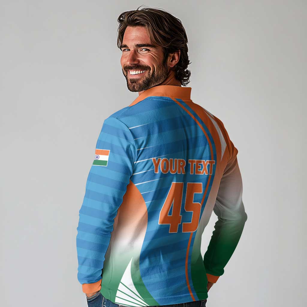 Custom India Cricket Long Sleeve Polo Shirt Men in Blue Champions 2025