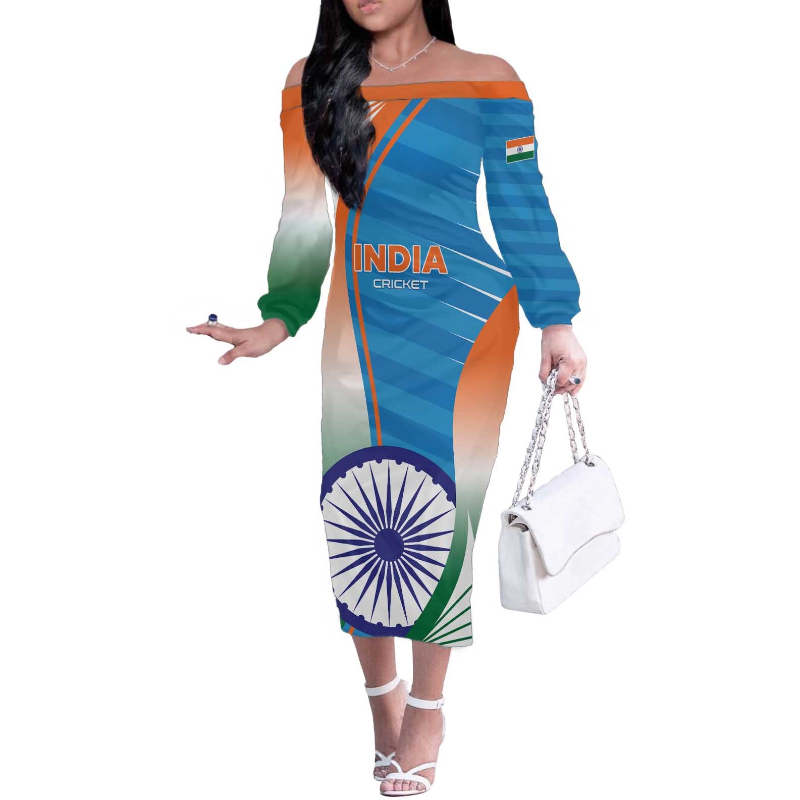 Custom India Cricket Off The Shoulder Long Sleeve Dress Men in Blue Champions 2025