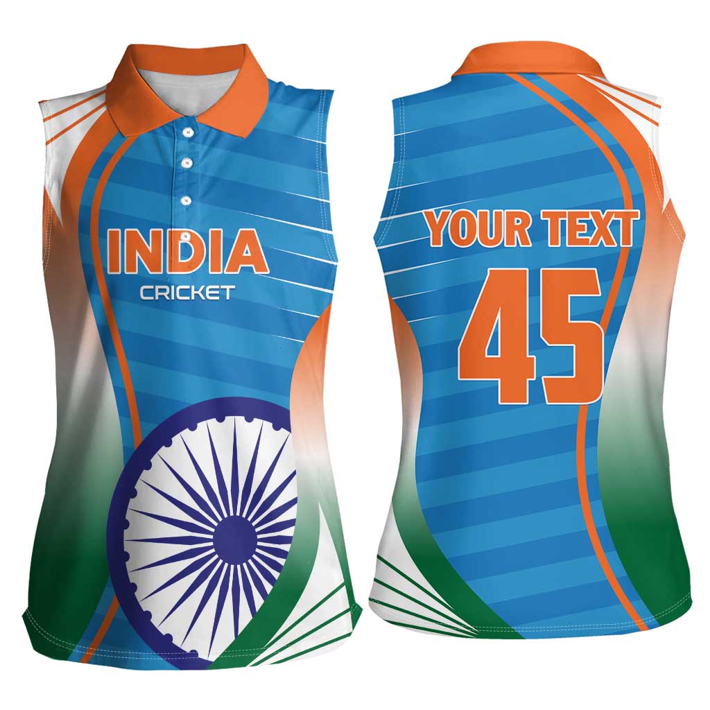 Custom India Cricket Women Sleeveless Polo Shirt Men in Blue Champions 2025