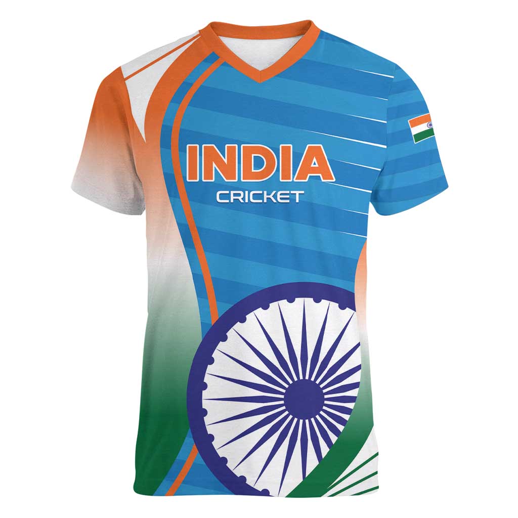 Custom India Cricket Women V-Neck T-Shirt Men in Blue Champions 2025