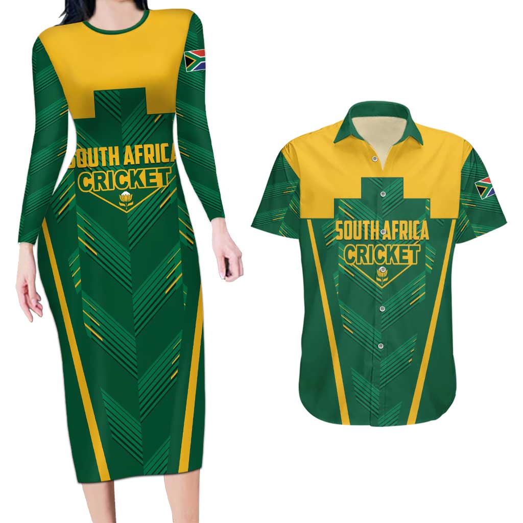 Custom South Africa Cricket Couples Matching Long Sleeve Bodycon Dress and Hawaiian Shirt SA Protea Woza Nawe