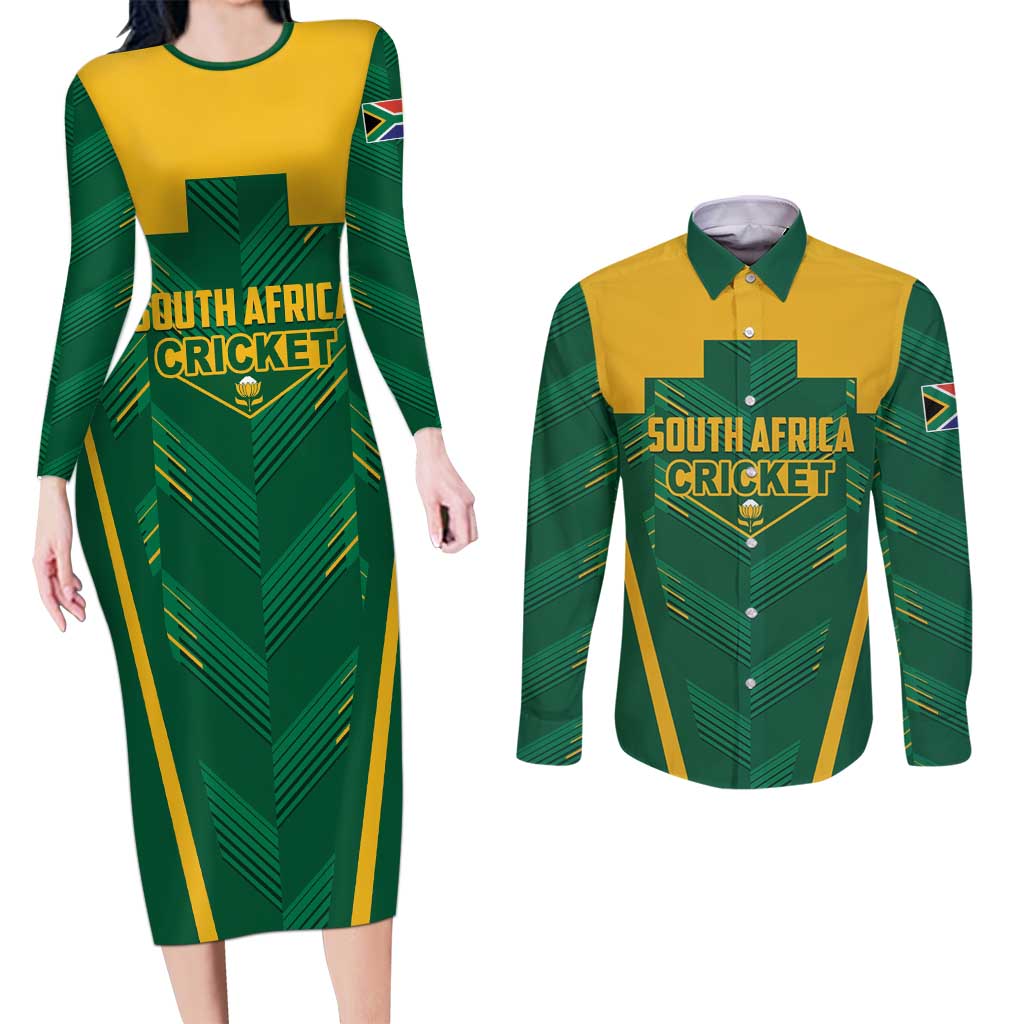 Custom South Africa Cricket Couples Matching Long Sleeve Bodycon Dress and Long Sleeve Button Shirt SA Protea Woza Nawe