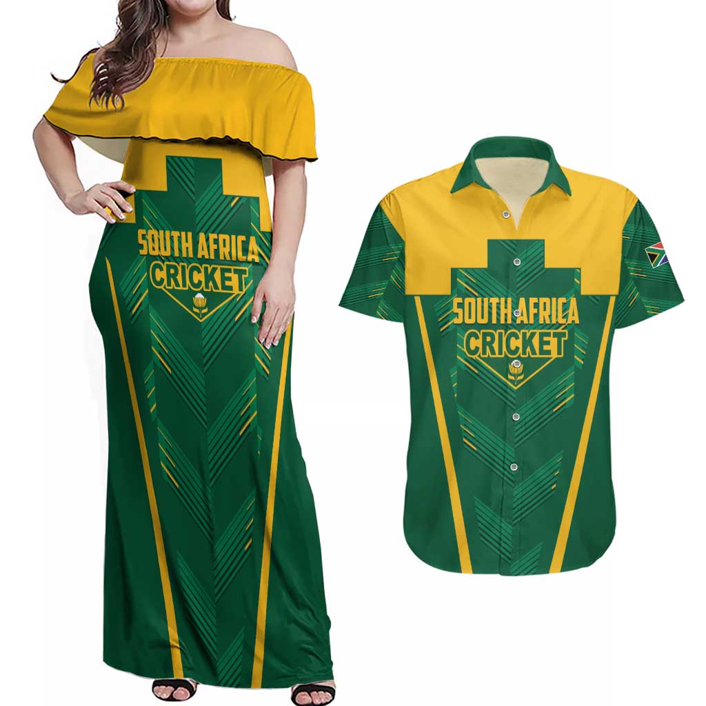 Custom South Africa Cricket Couples Matching Off Shoulder Maxi Dress and Hawaiian Shirt SA Protea Woza Nawe
