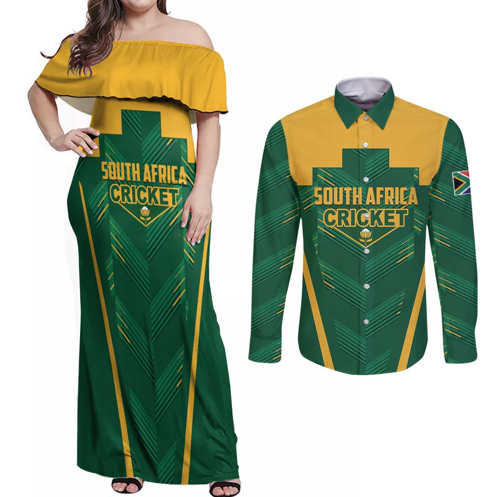 Custom South Africa Cricket Couples Matching Off Shoulder Maxi Dress and Long Sleeve Button Shirt SA Protea Woza Nawe