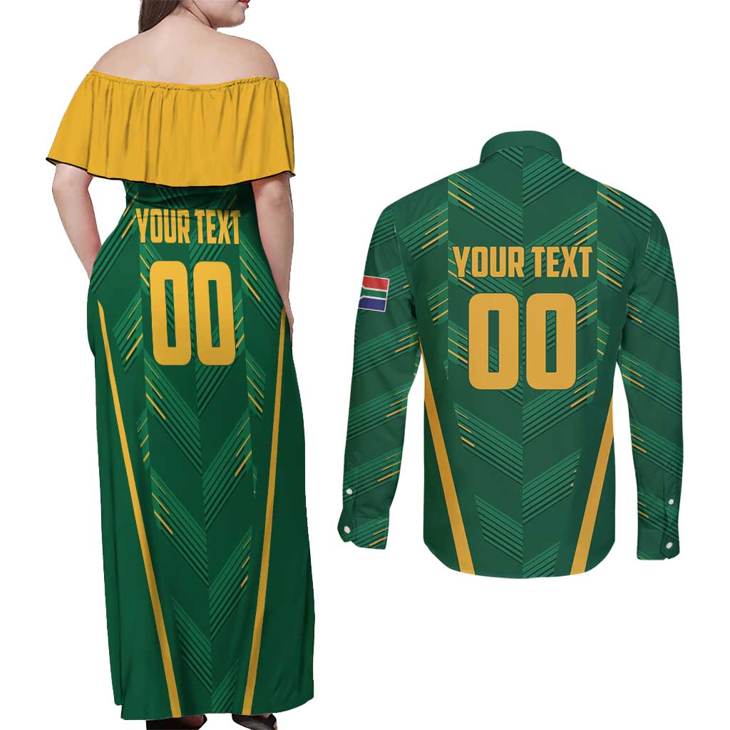 Custom South Africa Cricket Couples Matching Off Shoulder Maxi Dress and Long Sleeve Button Shirt SA Protea Woza Nawe
