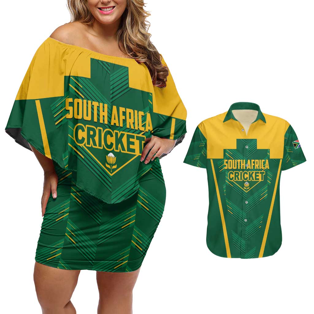 Custom South Africa Cricket Couples Matching Off Shoulder Short Dress and Hawaiian Shirt SA Protea Woza Nawe