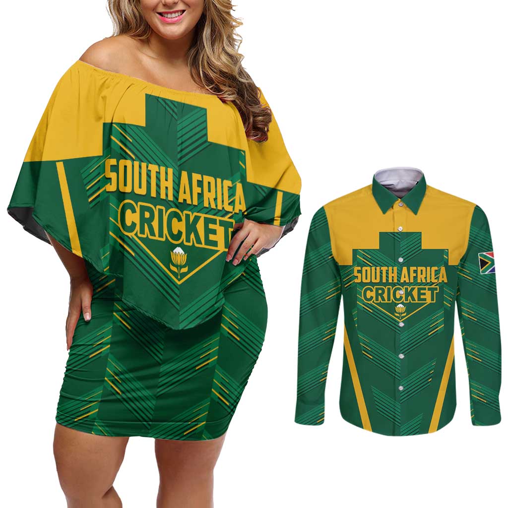 Custom South Africa Cricket Couples Matching Off Shoulder Short Dress and Long Sleeve Button Shirt SA Protea Woza Nawe