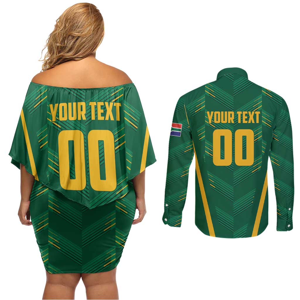 Custom South Africa Cricket Couples Matching Off Shoulder Short Dress and Long Sleeve Button Shirt SA Protea Woza Nawe
