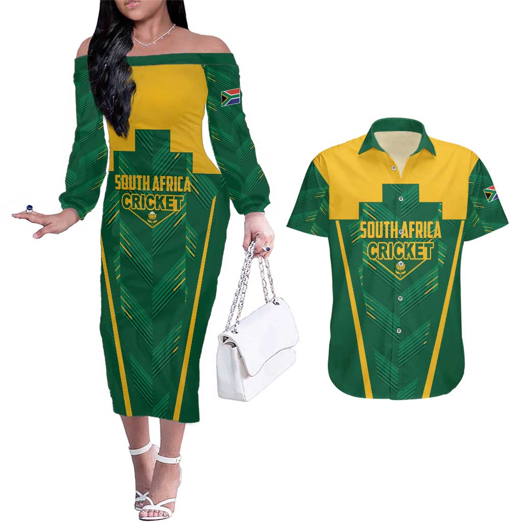 Custom South Africa Cricket Couples Matching Off The Shoulder Long Sleeve Dress and Hawaiian Shirt SA Protea Woza Nawe