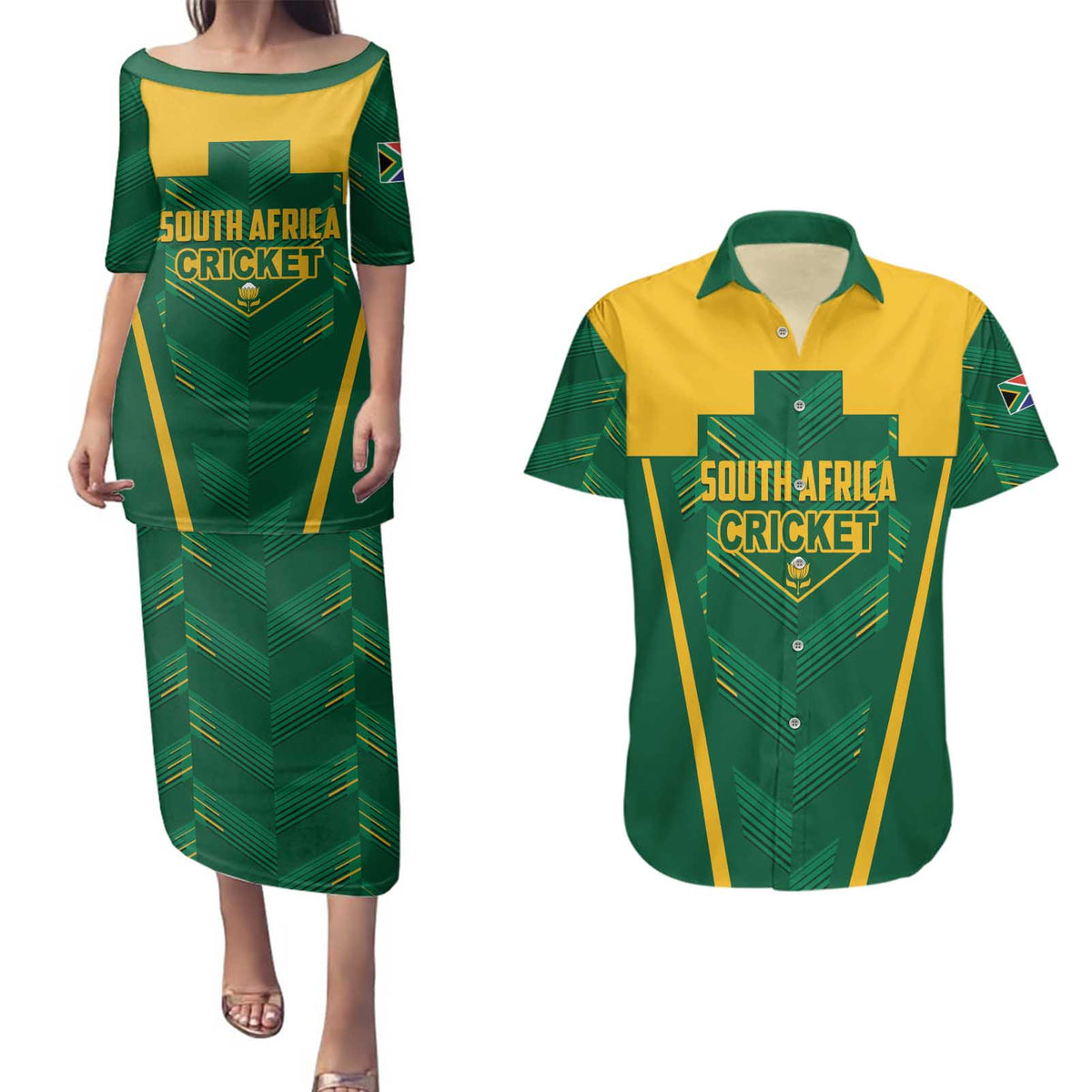 Custom South Africa Cricket Couples Matching Puletasi and Hawaiian Shirt SA Protea Woza Nawe