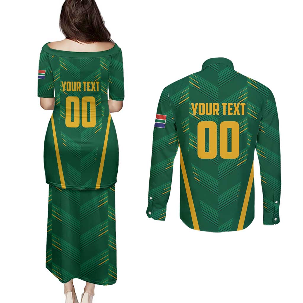 Custom South Africa Cricket Couples Matching Puletasi and Long Sleeve Button Shirt SA Protea Woza Nawe