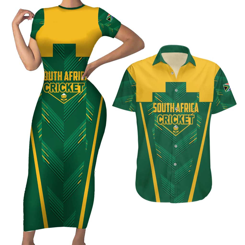 Custom South Africa Cricket Couples Matching Short Sleeve Bodycon Dress and Hawaiian Shirt SA Protea Woza Nawe