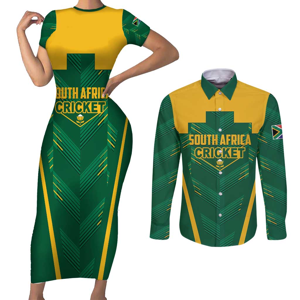Custom South Africa Cricket Couples Matching Short Sleeve Bodycon Dress and Long Sleeve Button Shirt SA Protea Woza Nawe