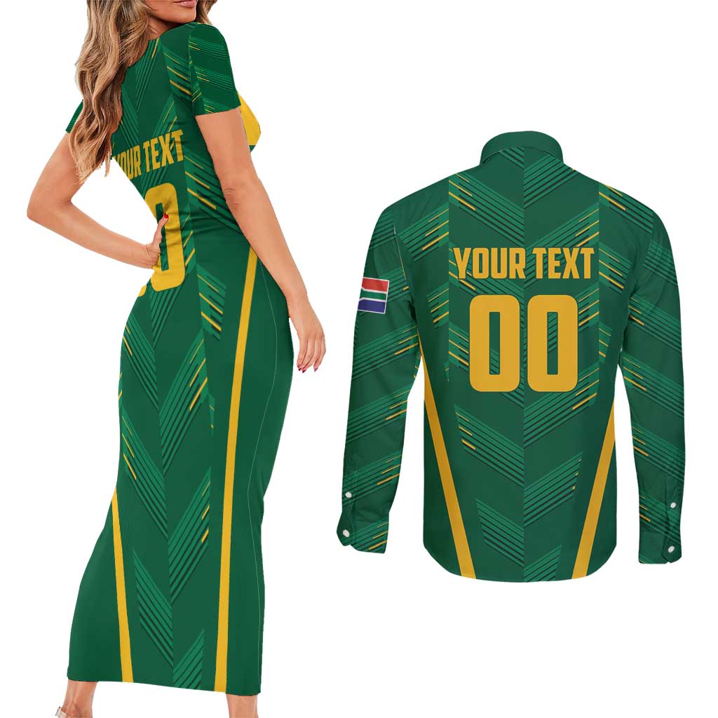 Custom South Africa Cricket Couples Matching Short Sleeve Bodycon Dress and Long Sleeve Button Shirt SA Protea Woza Nawe